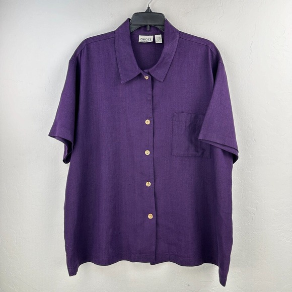 Chico's Design Shirt Womens XL Purple Linen Button Up Lightweight Short Sleeve - Picture 1 of 7